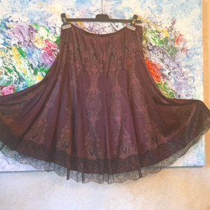 Vintage Elie Tahari Purple Patterned Silk Skirt Lined with Black Lace Trim Sz 4